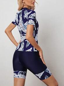 SHEIN Swim Summer Beach Tropical Print Zip Front Burkini Swimsuit With Short Sleeve - Blue and White - View 2