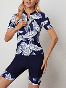 SHEIN Swim Summer Beach Tropical Print Zip Front Burkini Swimsuit With Short Sleeve - Blue and White - View 5
