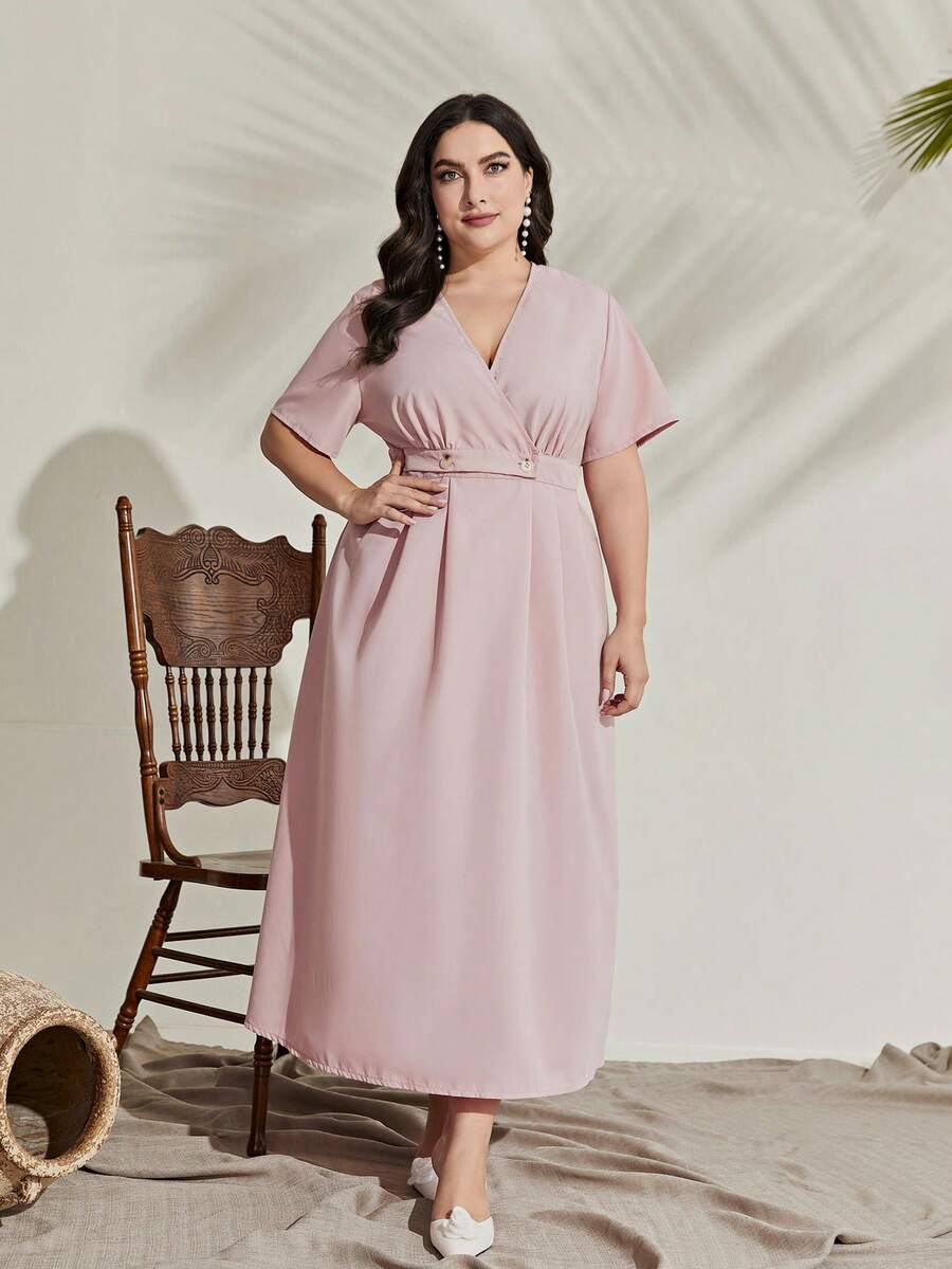 Modelyn Talla grande Vestido de cuello cruzado detalle - Rosa - Ver 1