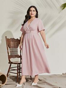 Modelyn Talla grande Vestido de cuello cruzado detalle - Rosa - Ver 3