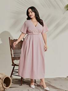 Modelyn Talla grande Vestido de cuello cruzado detalle - Rosa - Ver 4