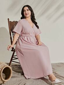 Modelyn Talla grande Vestido de cuello cruzado detalle - Rosa - Ver 6