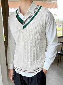 Manfinity RebelGame Men Striped Trim Cable Knit Sweater Vest - White - View 3