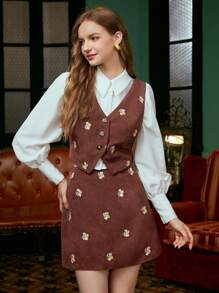 SHEIN MOD 印花夾克背心&半身裙 - 咖啡棕 - 查看 4