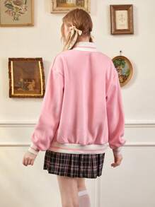 ROMWE Kawaii 休閒刺綉 貼布 前紐扣卡通女士夾克 - 粉色 - 查看 2