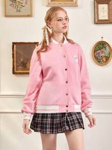 ROMWE Kawaii 休閒刺綉 貼布 前紐扣卡通女士夾克 - 粉色 - 查看 4