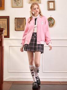ROMWE Kawaii 休閒刺綉 貼布 前紐扣卡通女士夾克 - 粉色 - 查看 6
