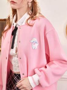 ROMWE Kawaii 休閒刺綉 貼布 前紐扣卡通女士夾克 - 粉色 - 查看 7