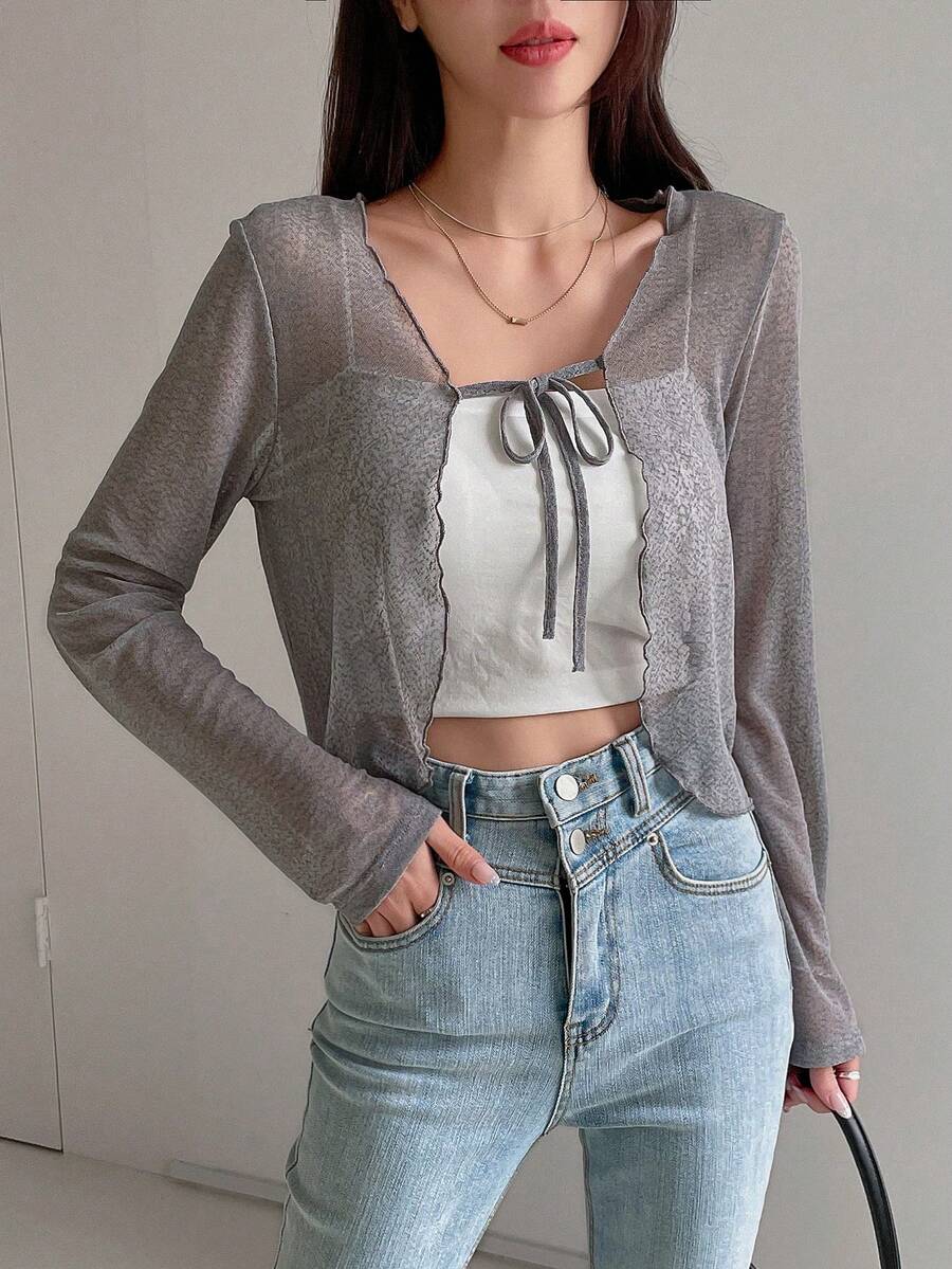 DAZY Ren Mộc nhĩ Tie Trước Áo Không có áo Top Cami - Màu Xám nhạt - Xem 1