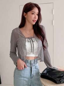 DAZY Ren Mộc nhĩ Tie Trước Áo Không có áo Top Cami - Màu Xám nhạt - Xem 3