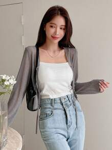 DAZY Ren Mộc nhĩ Tie Trước Áo Không có áo Top Cami - Màu Xám nhạt - Xem 6