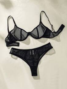 Sheer Mesh Underwire Lingerie Set - Black - View 3