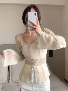 DAZY Solid Button Through Mesh Top - Beige - View 1