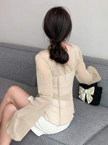 DAZY Solid Button Through Mesh Top - Beige - View 2