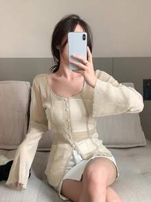 DAZY Solid Button Through Mesh Top - Beige - View 3