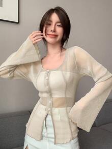 DAZY Solid Button Through Mesh Top - Beige - View 4