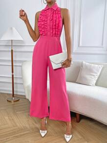 Chiquease Ruched Ruffle Trim Wide Leg Shirt Jumpsuit - Hot Pink - View 1