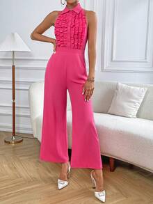 Chiquease Ruched Ruffle Trim Wide Leg Shirt Jumpsuit - Hot Pink - View 4
