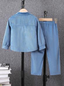 SHEIN 男小童字母刺繡襯衫和褲子不帶T恤 - 藍色 - 查看 2