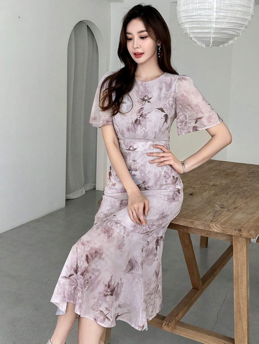 DAZY 印花泡泡袖魚尾裙下擺連衣裙 - 淺灰紫 - 查看 1