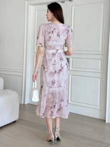 DAZY 印花泡泡袖魚尾裙下擺連衣裙 - 淺灰紫 - 查看 2