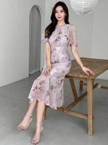 DAZY 印花泡泡袖魚尾裙下擺連衣裙 - 淺灰紫 - 查看 3