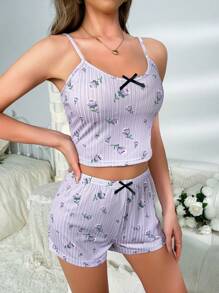 GIOIA TANG Floral Print Bow Front Cami Top & Shorts PJ Set