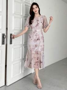 DAZY 印花泡泡袖魚尾裙下擺連衣裙 - 淺灰紫 - 查看 4