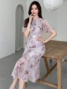 DAZY 印花泡泡袖魚尾裙下擺連衣裙 - 淺灰紫 - 查看 5