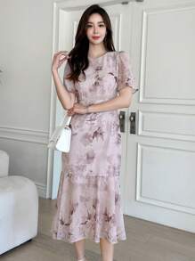 DAZY 印花泡泡袖魚尾裙下擺連衣裙 - 淺灰紫 - 查看 6