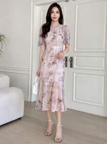 DAZY 印花泡泡袖魚尾裙下擺連衣裙 - 淺灰紫 - 查看 7