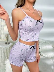GIOIA TANG Floral Print Bow Front Cami Top & Shorts PJ Set