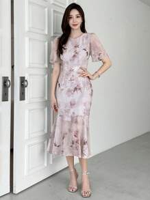 DAZY 印花泡泡袖魚尾裙下擺連衣裙 - 淺灰紫 - 查看 8