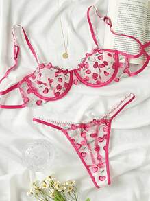 Cherry Embroidery Mesh Underwire Lingerie Set - Hot Pink - View 1