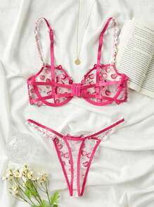 Cherry Embroidery Mesh Underwire Lingerie Set - Hot Pink - View 2