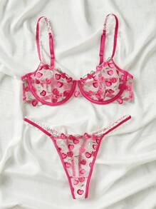 Cherry Embroidery Mesh Underwire Lingerie Set - Hot Pink - View 3