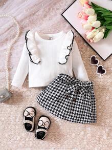 女嬰荷葉邊T恤&千鳥格印花半身裙 - 黑與白 - 查看 3