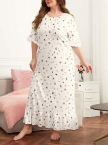 Plus Ditsy Floral Print Ruffle Hem Pajama Night Dress, Long Dress, Moo Moo - Multicolor - View 3