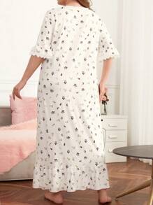 Plus Ditsy Floral Print Ruffle Hem Pajama Night Dress, Long Dress, Moo Moo - Multicolor - View 4