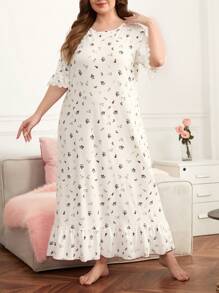 Plus Ditsy Floral Print Ruffle Hem Pajama Night Dress, Long Dress, Moo Moo - Multicolor - View 5