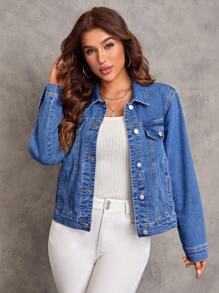 SHEIN LUNE 翻蓋細節前紐扣牛仔夾克 - 中等水洗藍 - 查看 1