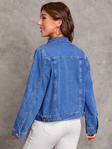 SHEIN LUNE 翻蓋細節前紐扣牛仔夾克 - 中等水洗藍 - 查看 2