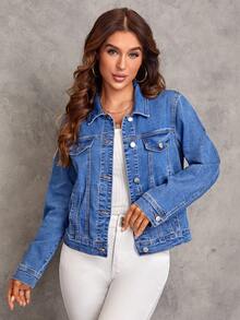 SHEIN LUNE 翻蓋細節前紐扣牛仔夾克 - 中等水洗藍 - 查看 3