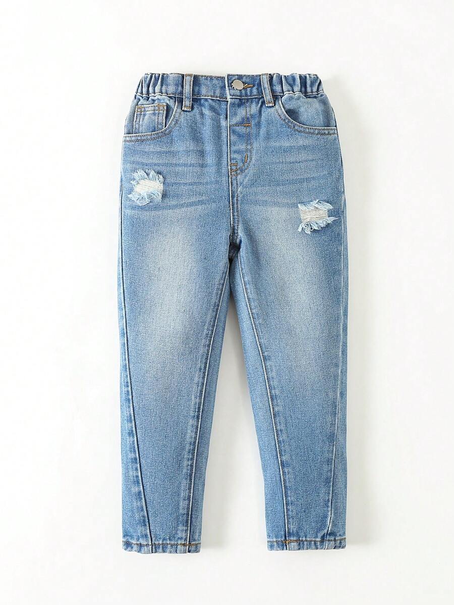 Young Boy Ripped Frayed Bleach Wash Jeans - Light Wash - View 1