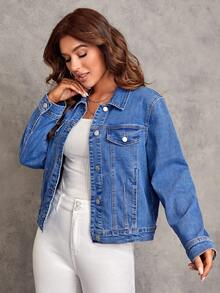 SHEIN LUNE 翻蓋細節前紐扣牛仔夾克 - 中等水洗藍 - 查看 4