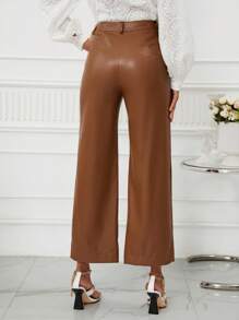 SHEIN Clasi High Waist PU Leather Wide Leg Pants - Brown - View 2