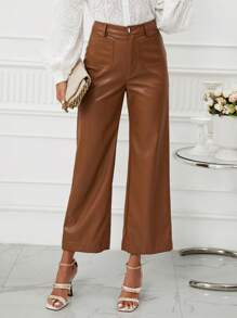 SHEIN Clasi High Waist PU Leather Wide Leg Pants - Brown - View 3