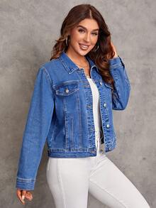 SHEIN LUNE 翻蓋細節前紐扣牛仔夾克 - 中等水洗藍 - 查看 6