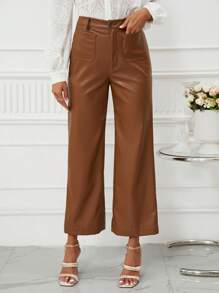 SHEIN Clasi High Waist PU Leather Wide Leg Pants - Brown - View 4