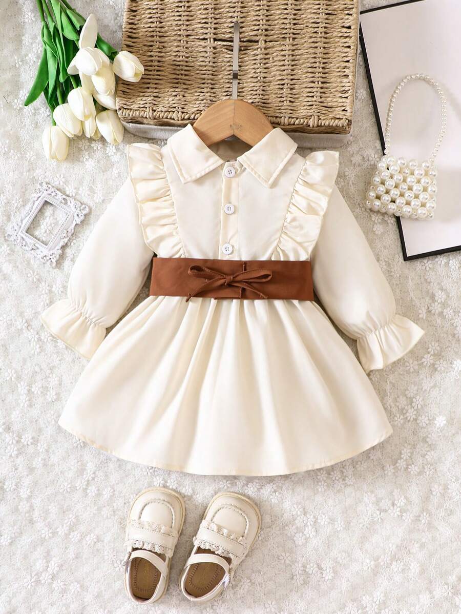 Baby Girl Ruffle Trim Flare Sleeve Belted Shirt Dress - Apricot - View 1